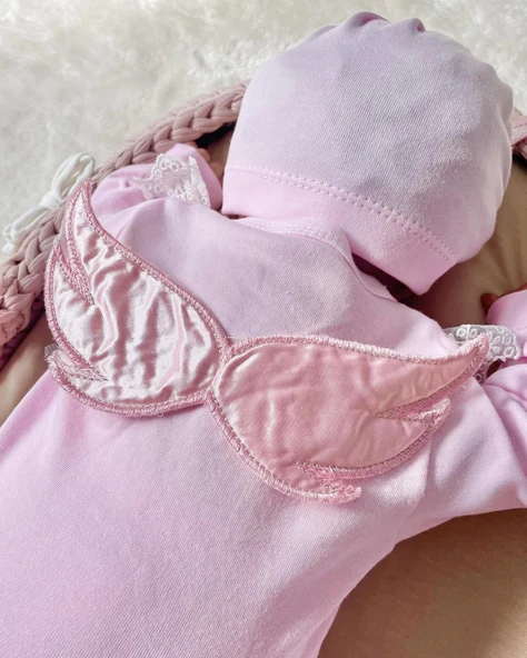 Melek Kanatlı 5'li Kız Bebek Hastane Çıkış Seti Pembe - 2