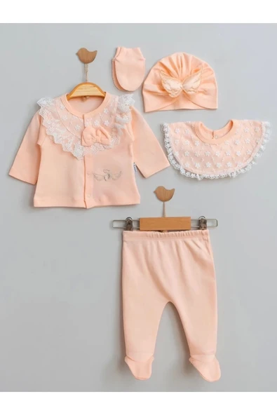 0-3 Ay Melek Kanatlı 5'li Kız Bebek Hastane Takımı Somon - Resim 3