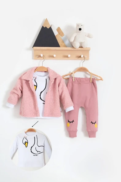 3-18 Ay Kız Bebek Takımı Peluş Hırkalı 3 Lü Pembe
