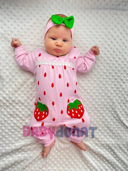 3-9 Ay Çilek Nakışlı Kız Bebek Tulumu Pembe