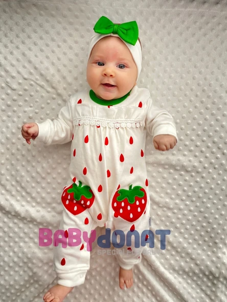 3-9 Ay Çilek Modelli Kız Bebek Tulumu Beyaz