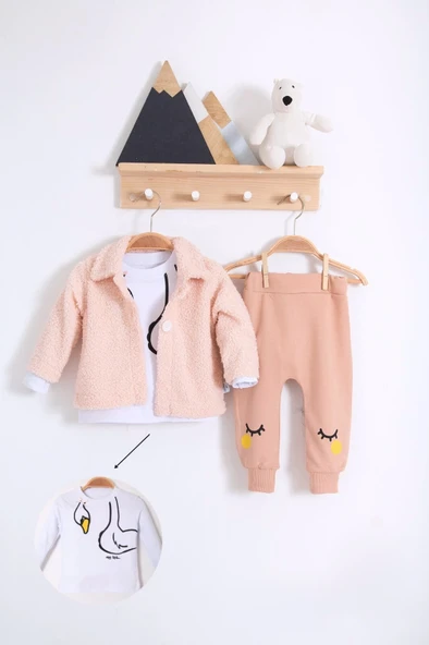 3-18 Ay Kız Bebek Takımı Peluş Hırkalı 3 Lü Açık Pembe - Resim 3