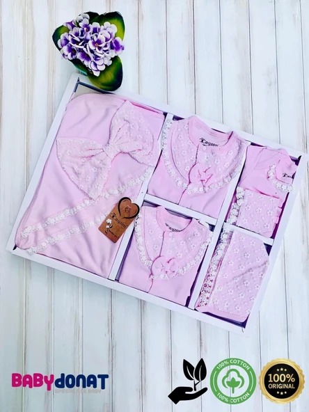 Dantelli Kız Bebek 10 Parça kız Bebek Hastane Çıkışı Kutulu Pembe - 5