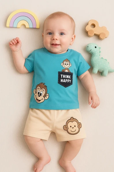 3-18 Ay Erkek Bebek Alt&Üst Takımı Maymun 2li Mavi - Resim 2