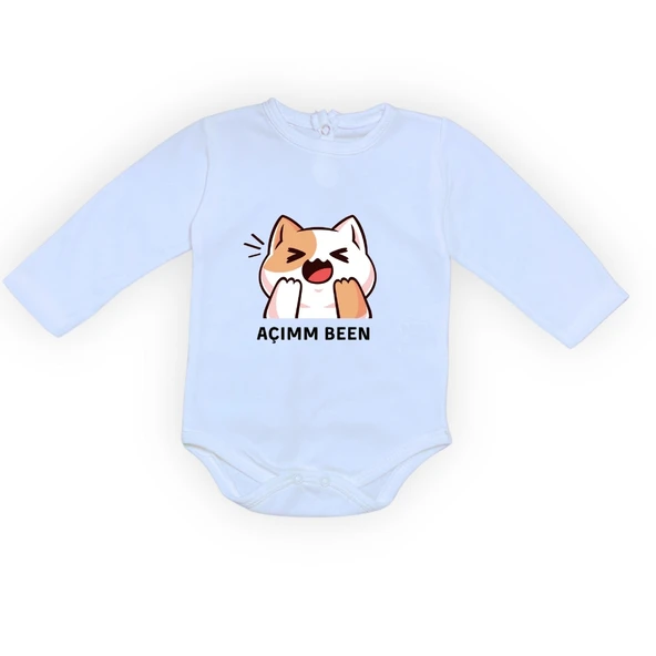 Açım Ben Kedi Baskılı Bebek Body Zıbın Çıtçıtlı Badi MNK0631 - Resim 6