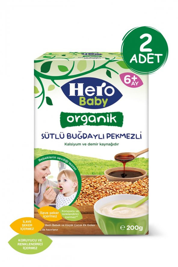 Hero Baby Organik Sütlü Buğdaylı Pekmezli Kaşık Mama 200g 2 Adet