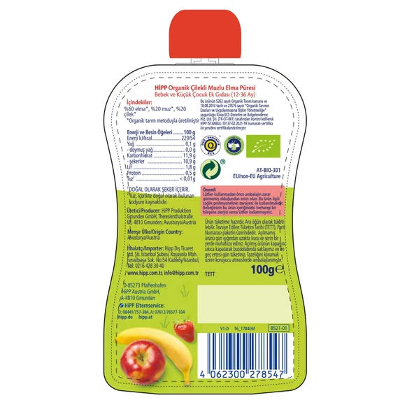 Hipp Organik Çilekli Muzlu Elmalı Meyve Püresi 100 Gr - 2