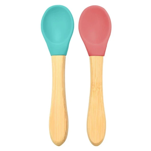 OiOi Bambu Saplı Silikon Mama Kaşığı 2li Yeşil Bordo ürün görseli 1