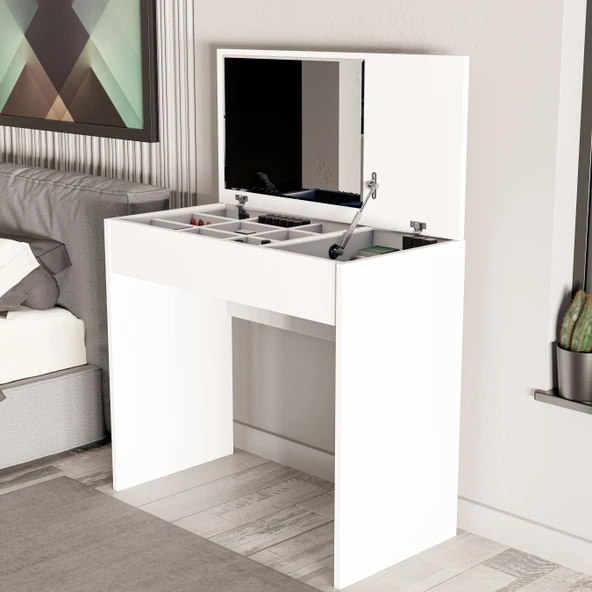 Mezza 2230 LAILA DÜŞER KAPAKLI AYNALI 80 CM MAKYAJ MASASI DRESUAR ÇALIŞMA MASASI BEYAZ - Resim 3