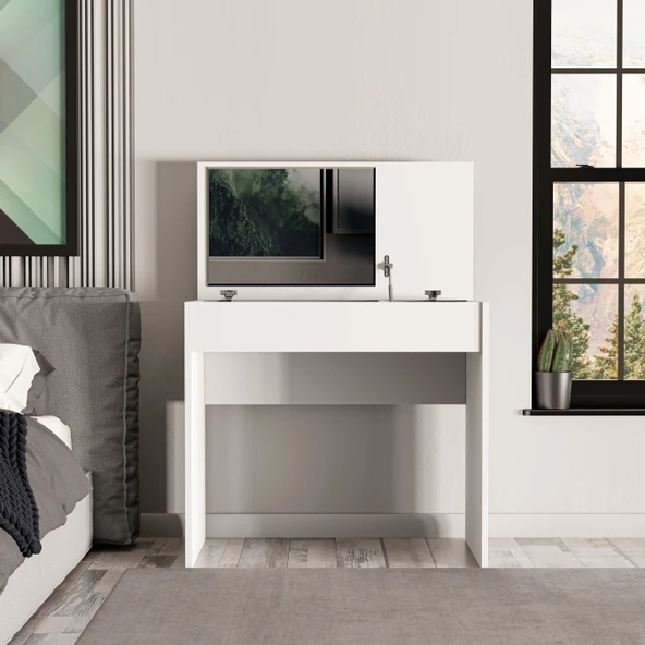 Mezza 2230 LAILA DÜŞER KAPAKLI AYNALI 80 CM MAKYAJ MASASI DRESUAR ÇALIŞMA MASASI BEYAZ - Resim 4