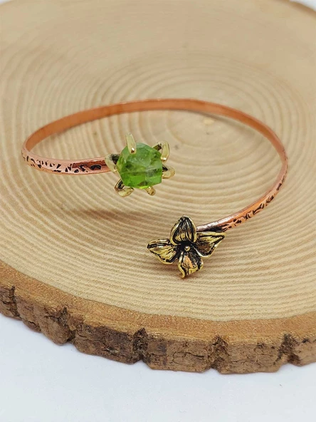 Peridot (Zebercet) Taşı Çiçek Motifli Bakır Bileklik (53028) - Resim 3