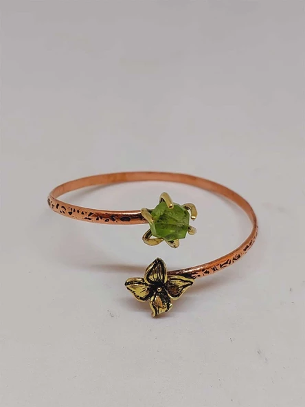 Peridot (Zebercet) Taşı Çiçek Motifli Bakır Bileklik (53028) - Resim 2
