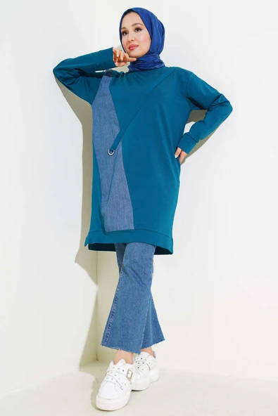 Kot Garni Detaylı Tunik Petrol - Resim 2