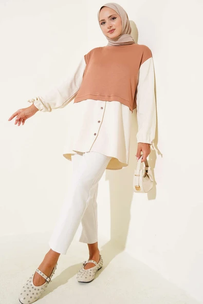 Bilekleri Tünelli Garnili Tunik Kestane - Resim 2