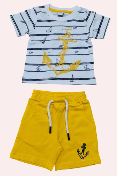 Erkek Bebek Çapa Baskılı Kısa Kol Çizgili Tişört Sarı Şortlu Takım - Resim 7
