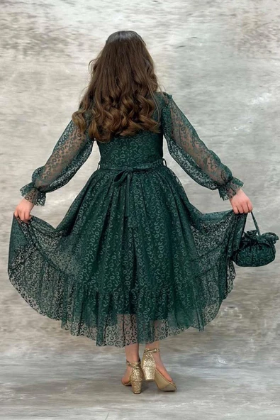 Kız Çocuk Kolları ve Yakası Şeffaf Tül ve Fırfır Detaylı Yeşil Elbise - Resim 7