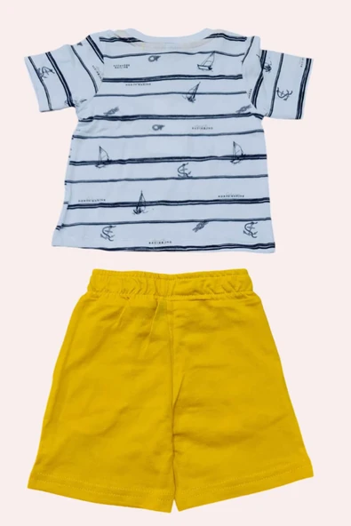 Erkek Bebek Çapa Baskılı Kısa Kol Çizgili Tişört Sarı Şortlu Takım - Resim 8