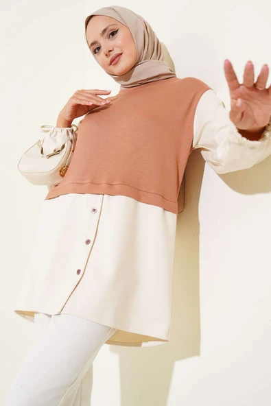 Bilekleri Tünelli Garnili Tunik Kestane ürün görseli 1