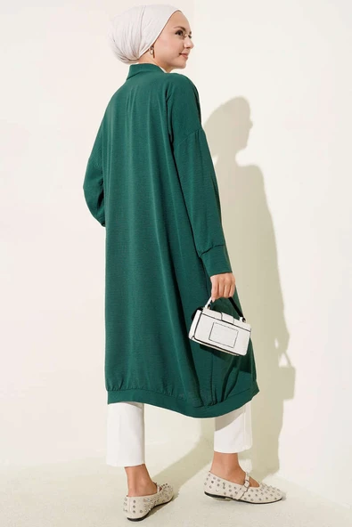 Önü Düğmeli Ayrobin Pers Yeşili Uzun Hırka - Resim 3