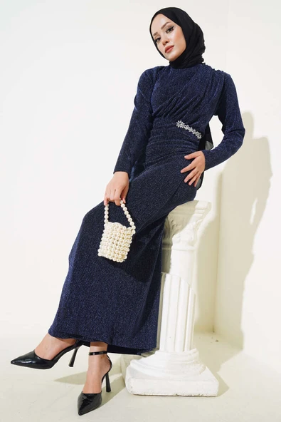 Taş Aksesuarlı Simli Elbise Lacivert ürün görseli 1