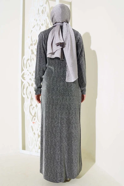 Taş Aksesuarlı Simli Elbise Gri - Resim 3