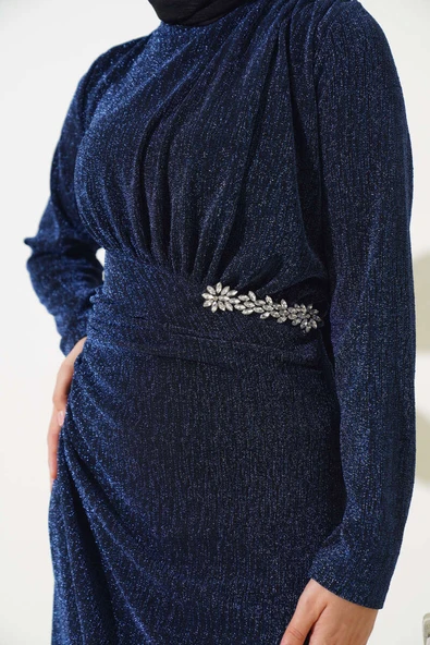 Taş Aksesuarlı Simli Elbise Lacivert - Resim 4