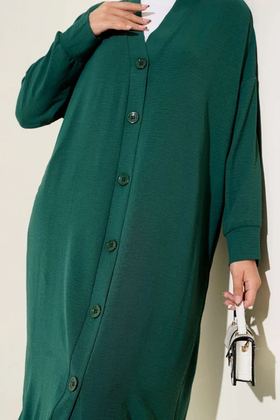 Önü Düğmeli Ayrobin Pers Yeşili Uzun Hırka - Resim 4