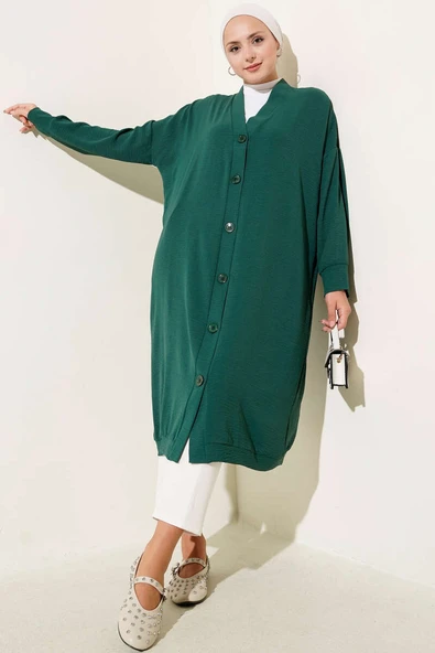 Önü Düğmeli Ayrobin Pers Yeşili Uzun Hırka - Resim 2