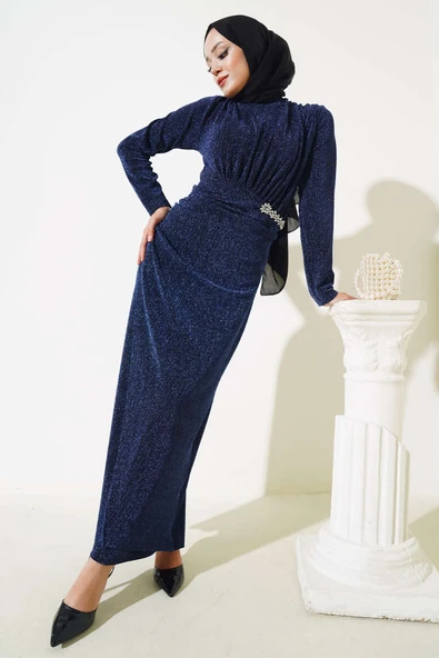 Taş Aksesuarlı Simli Elbise Lacivert - Resim 2