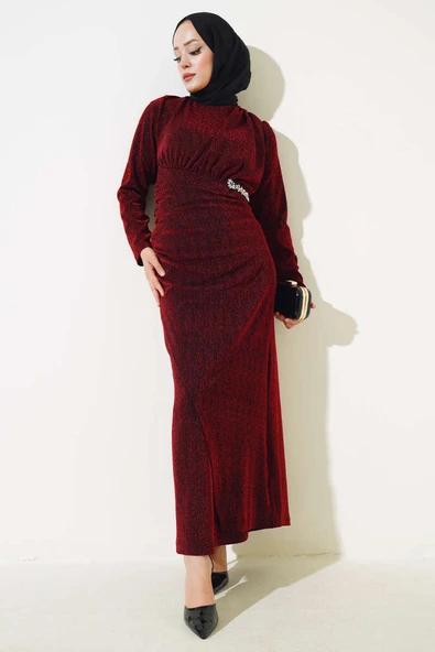 Taş Aksesuarlı Simli Elbise Bordo ürün görseli 1