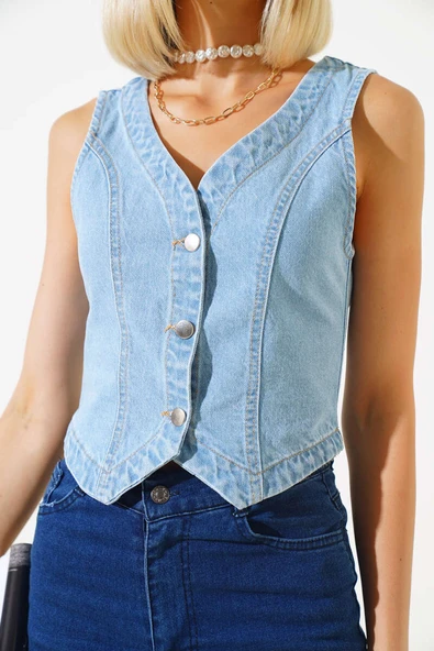 Metal Düğmeli Kot Yelek Açık Mavi - Resim 4