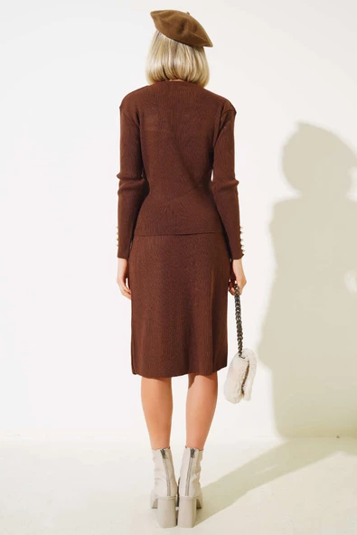 Fitilli Düğme Detaylı Triko İkili Takım Kahve - 3