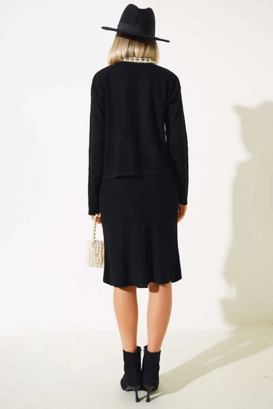 Balıkçı Yaka Midi Etekli Triko Takım Siyah - 3