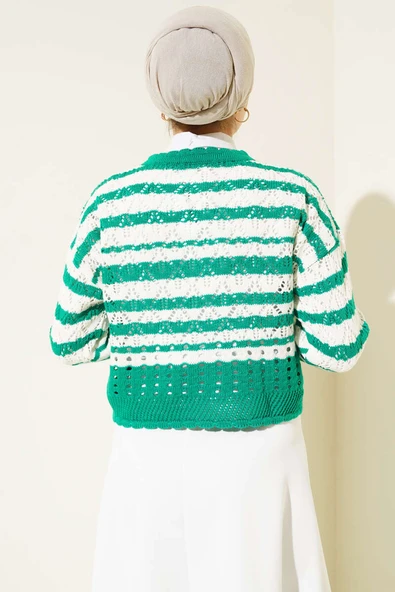 Çizgili Delikli Triko Kazak Zümrüt - 3