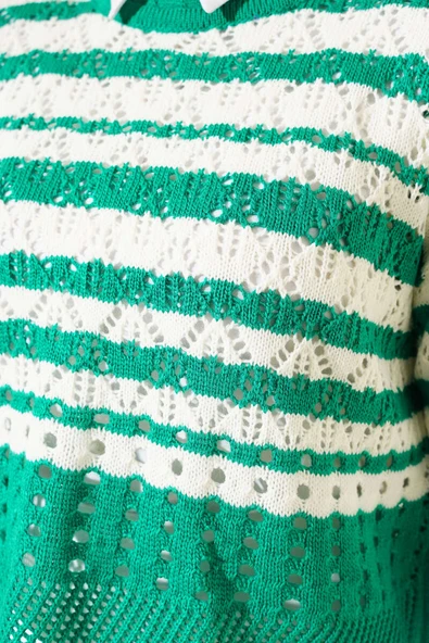 Çizgili Delikli Triko Kazak Zümrüt - 4