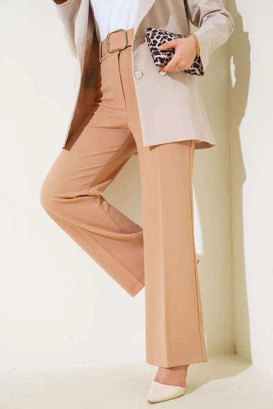 Bol Paça Kemerli Salaş Pantolon Latte - Resim 2