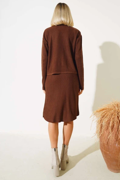 Balıkçı Yaka Midi Etekli Triko Takım Kahve - 3