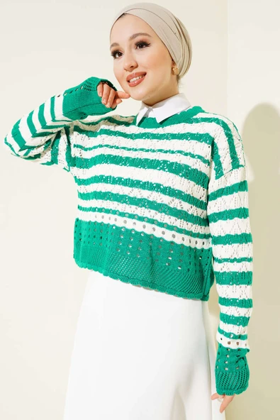 Çizgili Delikli Triko Kazak Zümrüt - 2