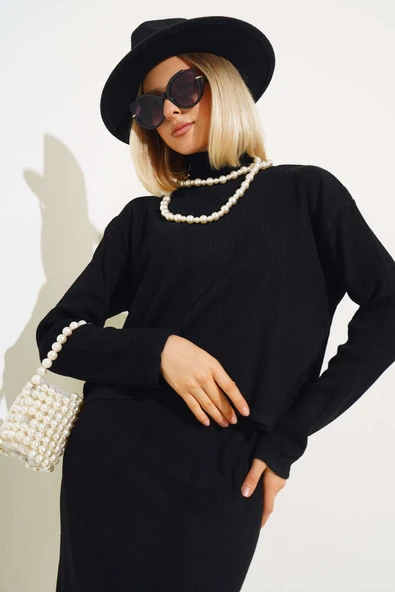 Balıkçı Yaka Midi Etekli Triko Takım Siyah - 2