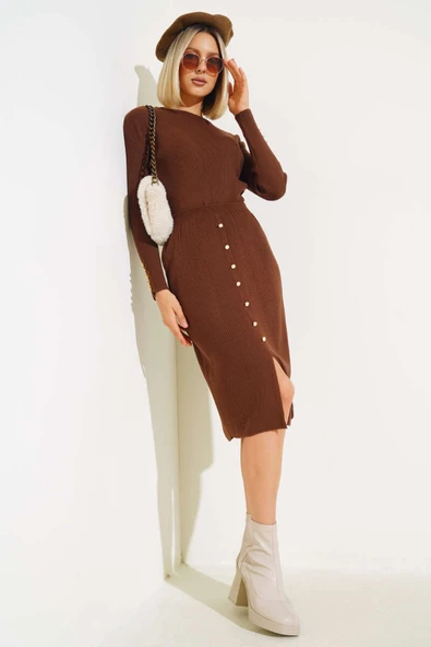 Fitilli Düğme Detaylı Triko İkili Takım Kahve