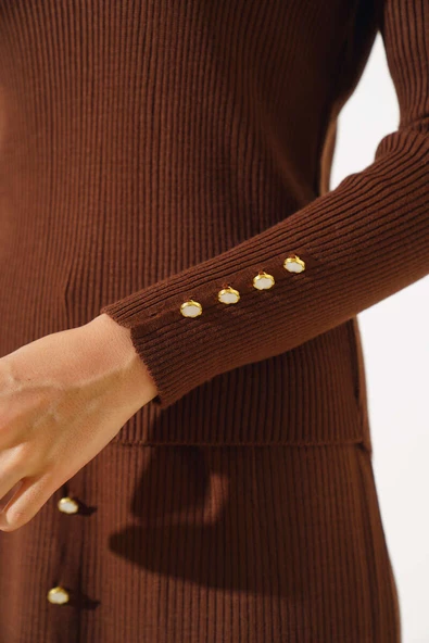 Fitilli Düğme Detaylı Triko İkili Takım Kahve - 4