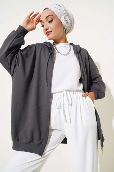 Kapüşonlu Fermuarlı Salaş Hırka Füme ürün görseli 1