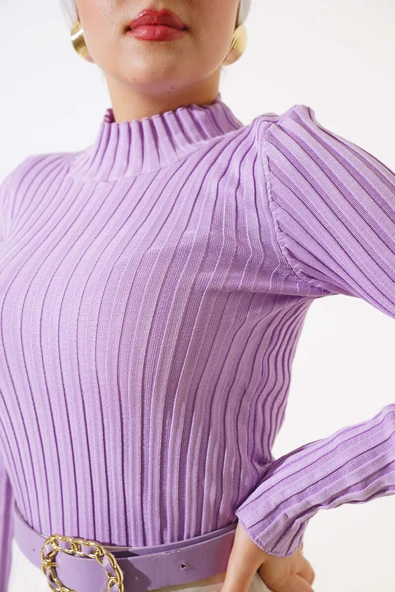 Fitilli Esnek Triko Kazak Lila - Resim 4