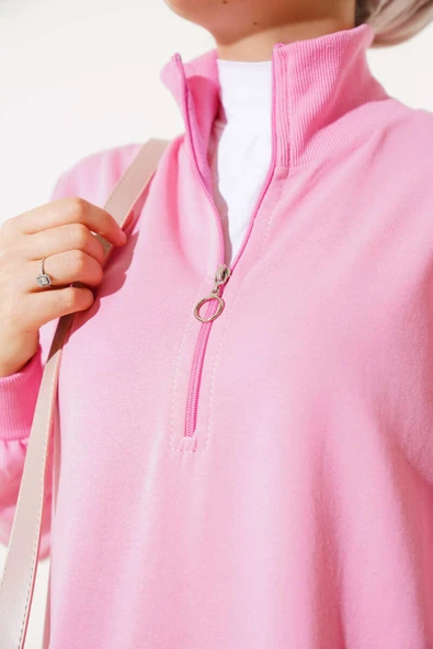 Yarım Fermuarlı Basıc Uzun Tunik Pembe - Resim 4