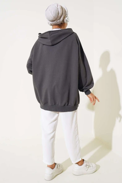 Kapüşonlu Fermuarlı Salaş Hırka Füme - Resim 3