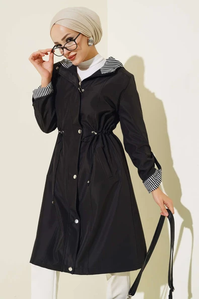 Çizgili Detaylı Trençkot Siyah ürün görseli 1