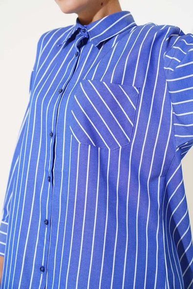Çizgili Salaş Gömlek Lacivert - Resim 4