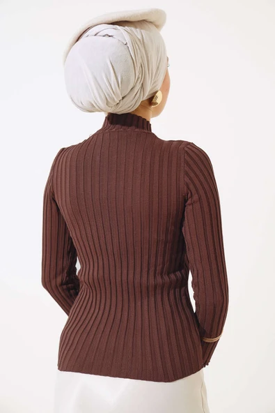 Fitilli Esnek Triko Kazak Kestane - Resim 3