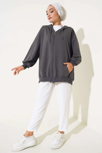 Kapüşonlu Fermuarlı Salaş Hırka Füme - Resim 2