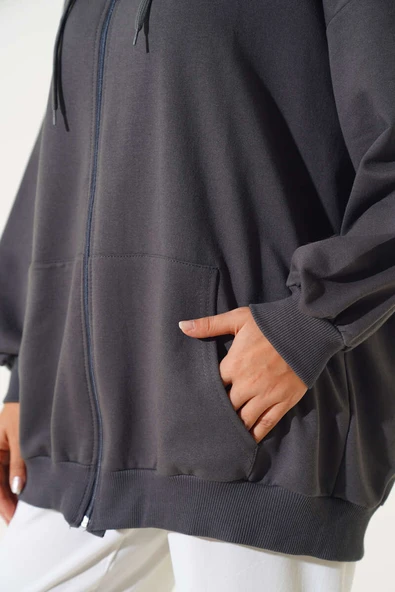 Kapüşonlu Fermuarlı Salaş Hırka Füme - Resim 4